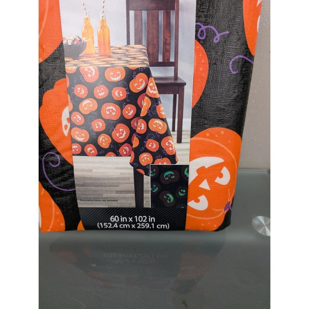Way To Celebrate Halloween Glow In The Dark Pumpkin PEVA Tablecloth 60x102 Black